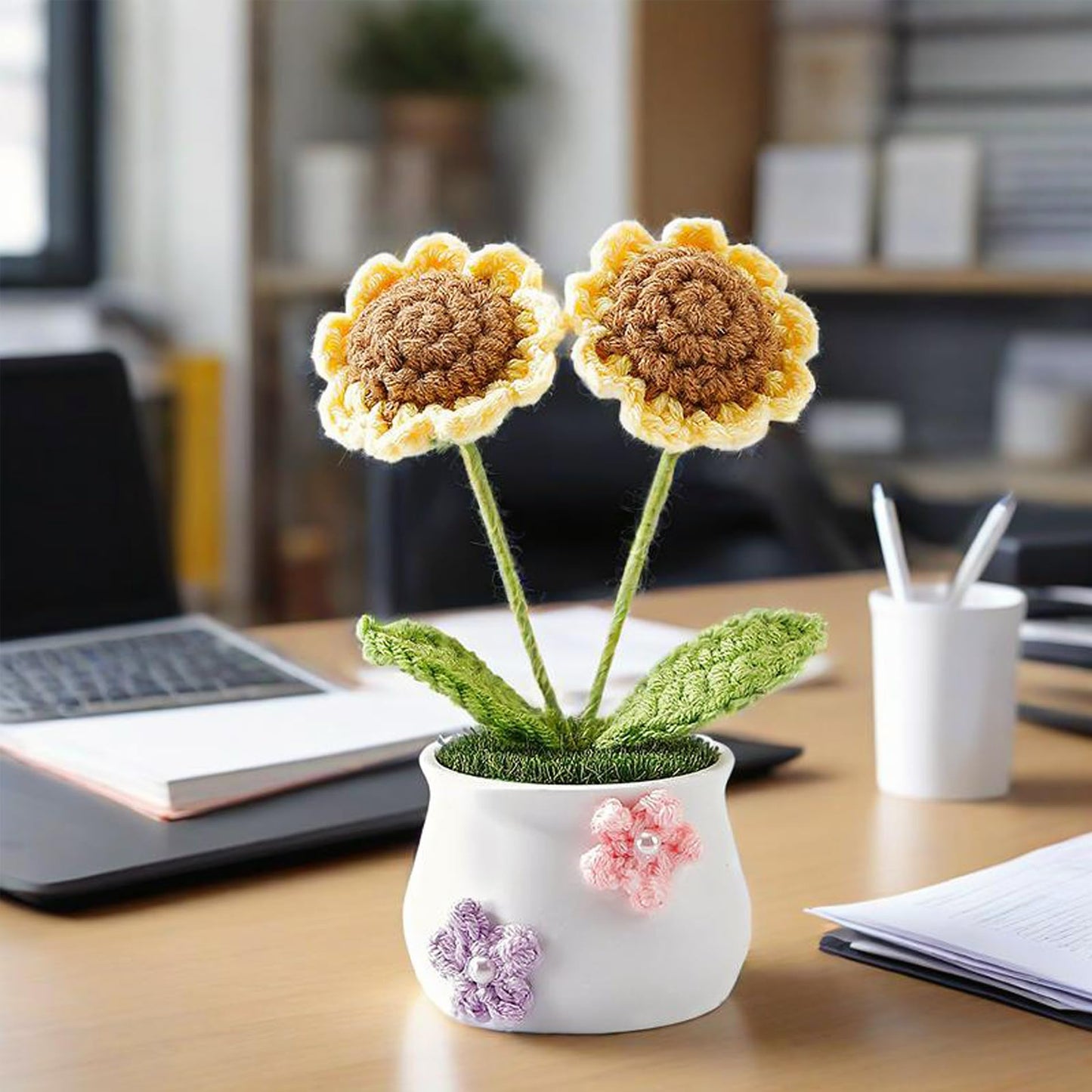 2 Pcs Handmade Crochet Sunflower with Mini Planter Pot - Zero Maintenance Desk Decor, Car Dashboard & Kitchen Decor, Durable Fade-Resistant Gift for Women, Plant Lovers, Unique Home&Office Decoration
