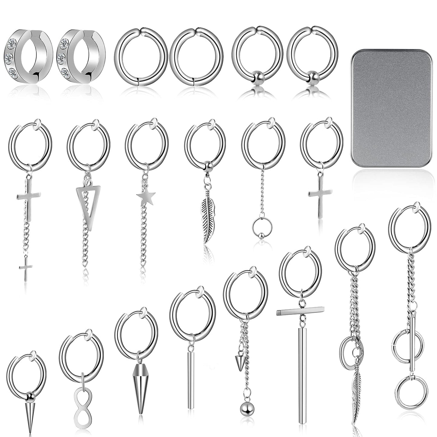 ONESING 20 Pcs Mens Dangle Earrings Stainless Steel Dangle Hoop Earrings