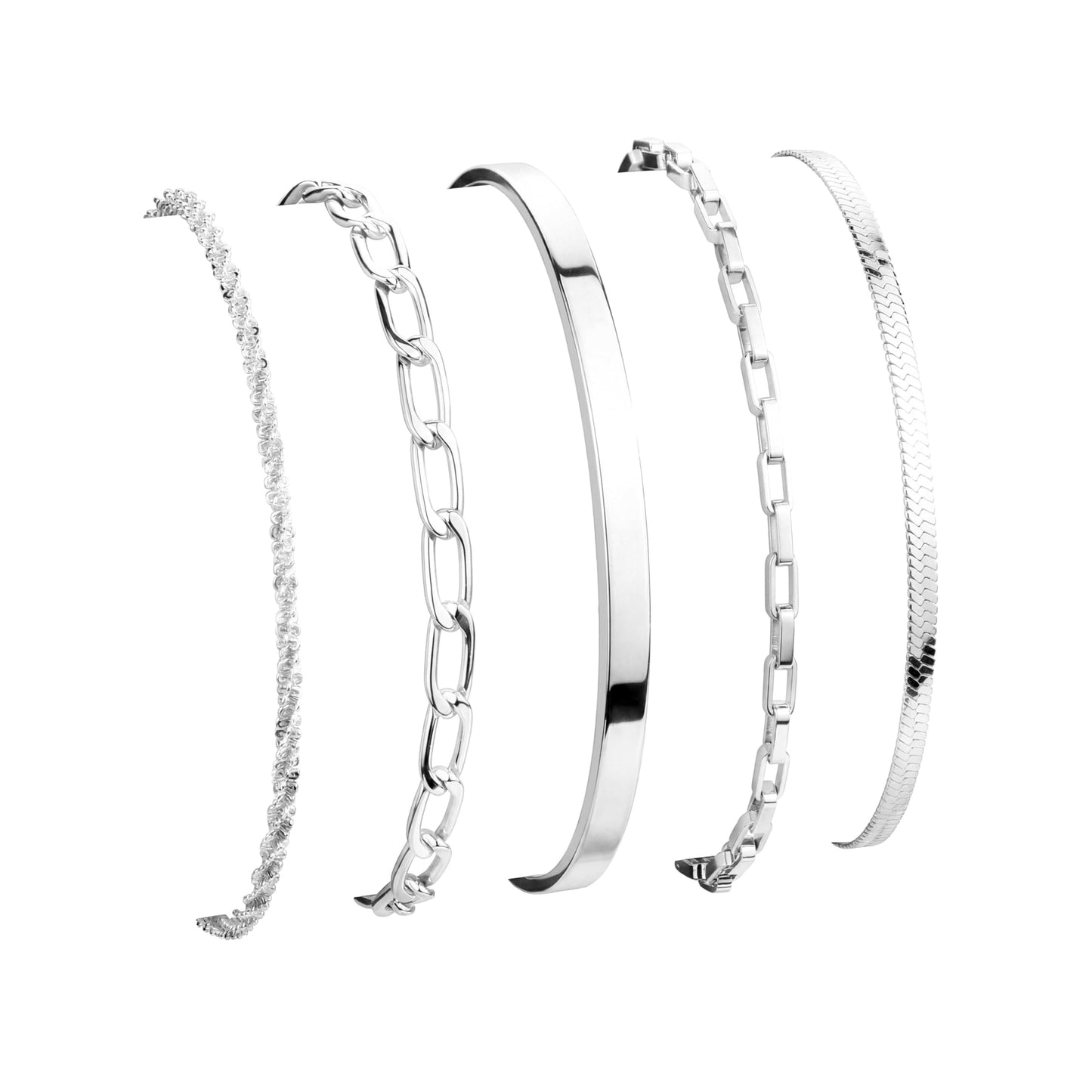 Silver Bracelets Stack for Women Waterproof, Stackable Bracelet Set with Silver Bangle Cuff, Box Link, Paperclip, Herringbone, Sparkling Chain, Adjustable Non Tarnish Jewelry Gifts for Women