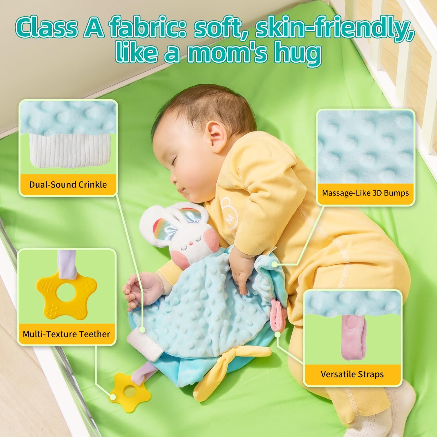 auby Cozy Bunny Newborn Gift Set - 6-in-1 Baby Soothing Essentials with Teethers, Plush Blanket & Hanging Toys for Crib,Stroller,Sensory Development,Machine Washable