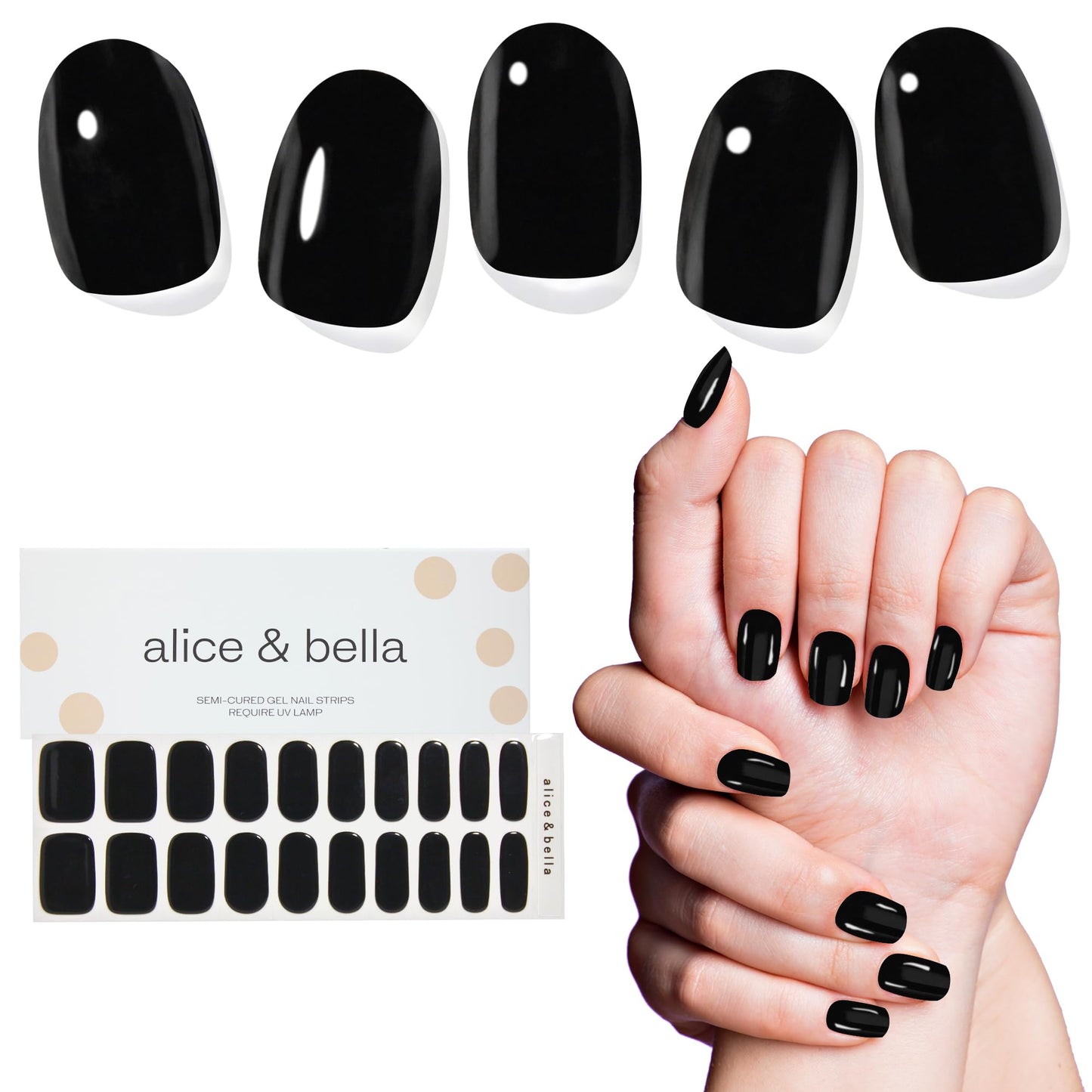 ALICE & BELLA Semi Cured Gel Nail Strips-20 PCS Solid Black Nail Strengthening Gel Stickers, Use with UV Light Lamp, Salon Quality Manicure Wraps (Glossy Solid Black)