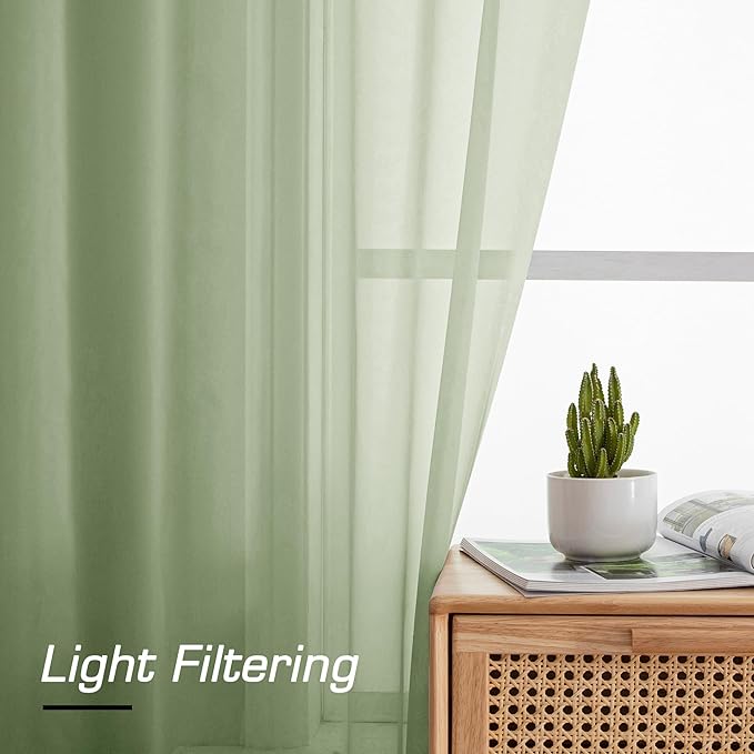 Simplebrand Light Green Sheer Curtains 84 Inches Long 2 Panels, Light Filtering Rod Pocket Solid Color Window Sheer Curtain Panels, Elegant Curtains & Drapes for Living Room, Bedroom, 42" W x 84" L