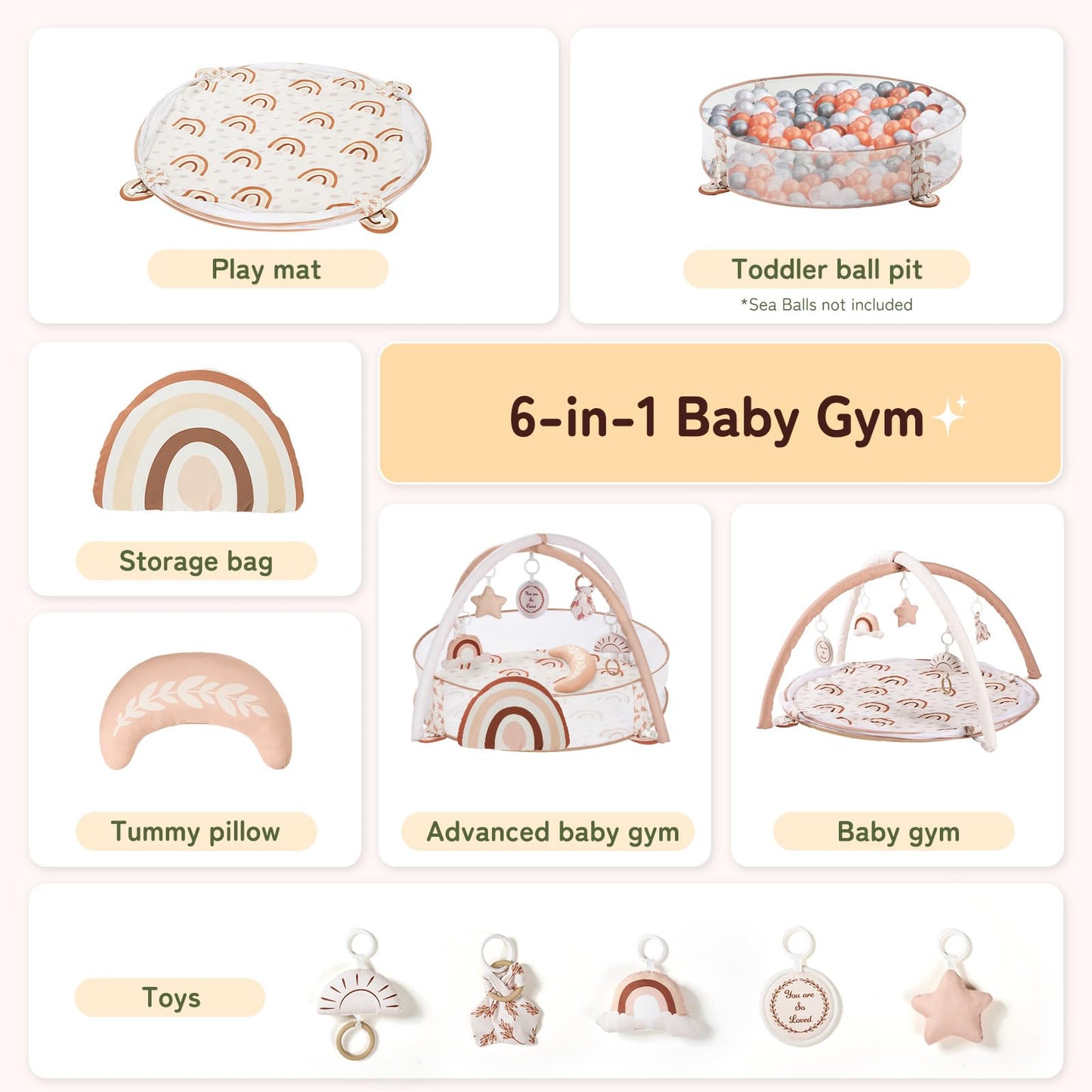 Mallify 6-in-1 XL Large Baby Gym & Ball Pit, Play Mat & Play Gym, Combination Baby Activity Gym with Milestone Cards for Sensory Exploration and Motor Skill Development, Balls are not Included