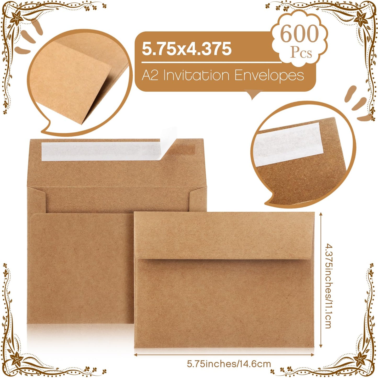 Fainne 600 Pack Brown Envelopes Bulk, Kraft Envelopes for Invitation, 120 GSM Gift Card for Office, Gift, Party, Baby Shower, Wedding (A2,5.75 x 4.375")
