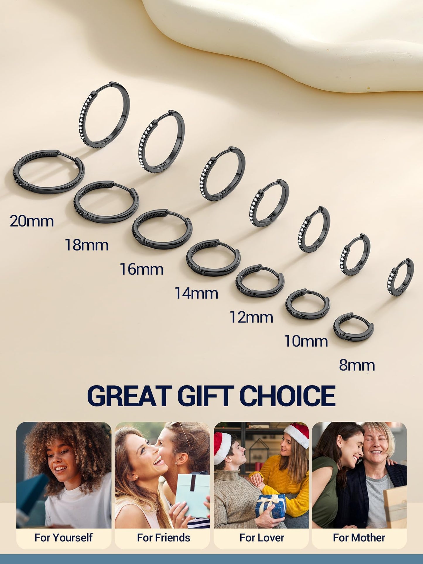 Black Hoop Earrings For Women Cubic Zirconia Hoops Earring Hypoallergenic 8mm Tiny Huggie Jewelry Non Tarnish Cartilage Piercing Waterproof Ear Earings