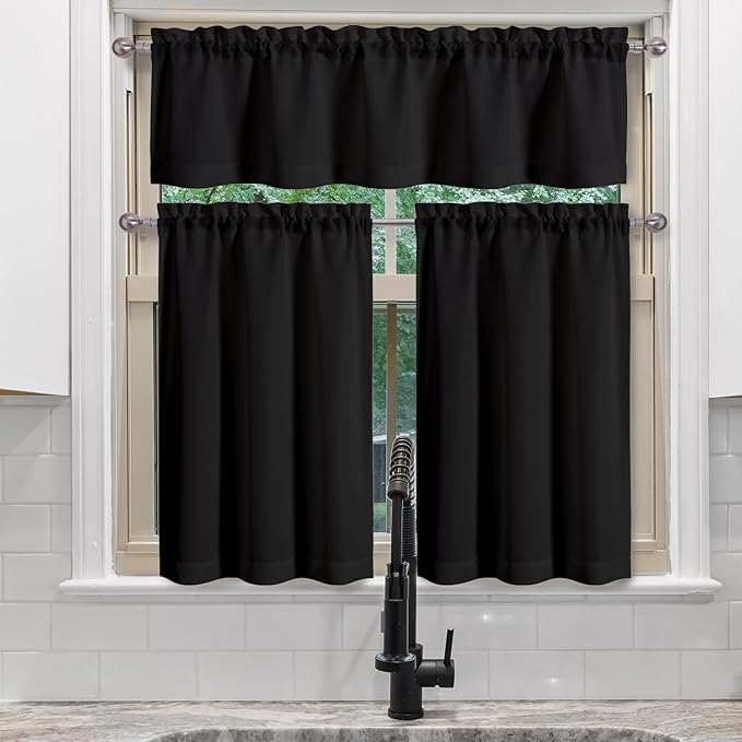 Chyhomenyc 2 Panels Small Cafe Curtains 24 Inch Length, Faux Linen Textured Half Window Curtains for Kitchen Bathroom Farmhouse Country, Light Filtering Black Short Curtains, Each 30x24 Inch