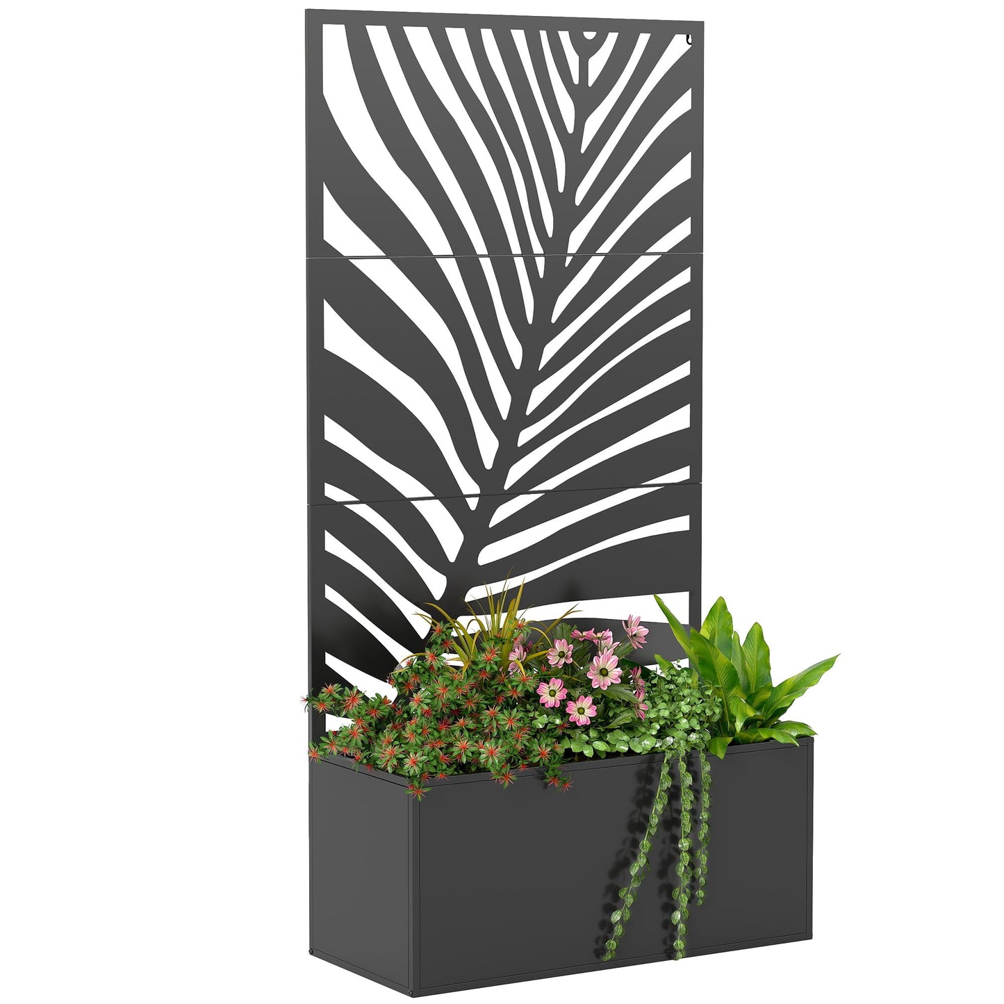 Outsunny Metal Planter Box with Trellis, 71" Tall Raised Garden Bed with Trellis Privacy Screen for Climbing Plants, Large Leaf Cut-Out Privacy Planter for Garden, Patio, Balcony