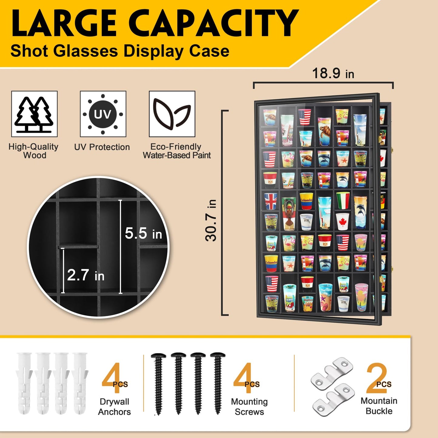 Black Shot Glass Display Case Large 61 Slots Glass Display Holder Wall Mounted Storage Shadow Box with UV Protection Acrylic Glass Door for Room Decor