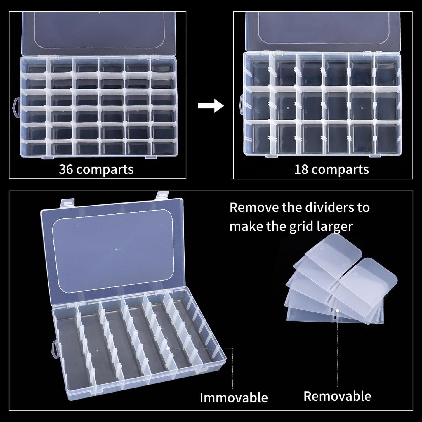2 Pack Clear Bead Organizer Tackle Box with Adjustable Dividers for Jewelry Art Craft Containers 36 Grids Compartment with 5 Sheets Label Stickers