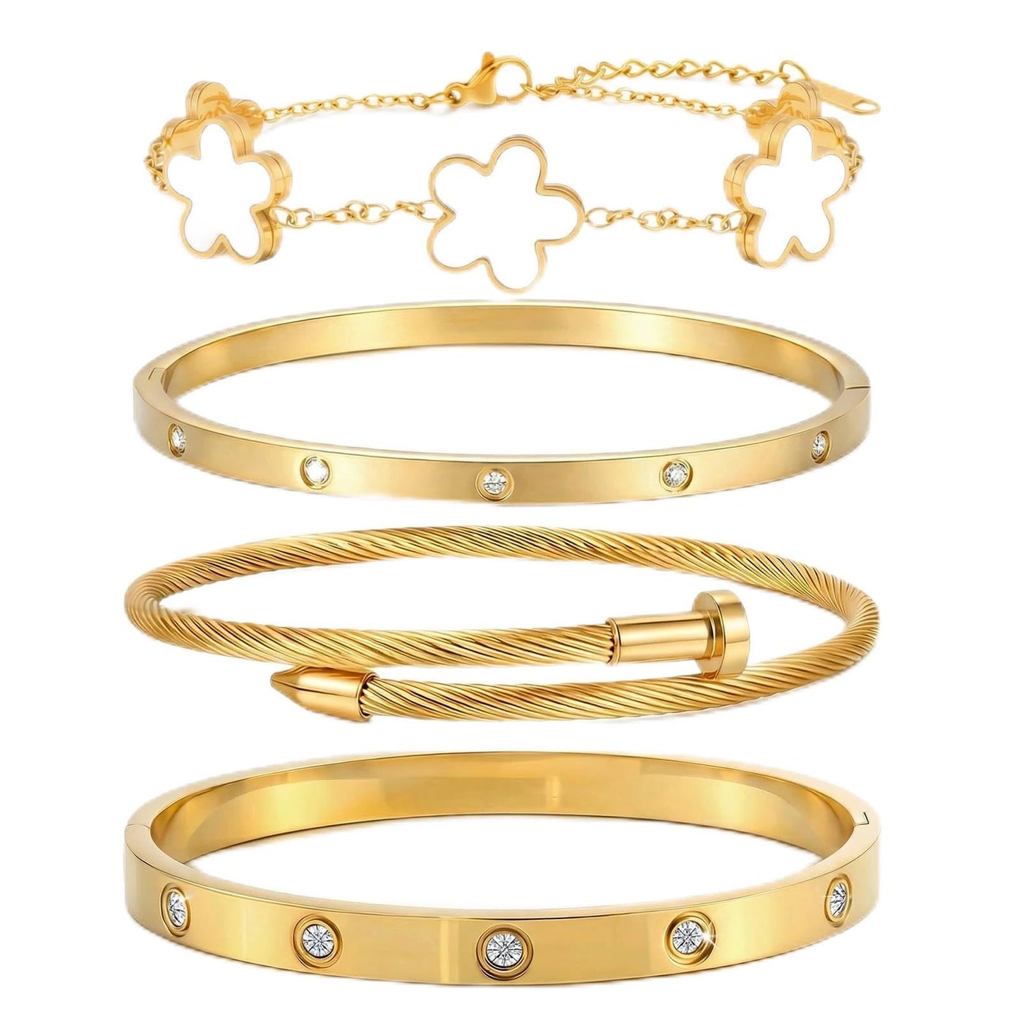 ISELBDR 18K Gold Bracelets for Women - Stackable Clover & Nail Love Bangle Set - Non-Tarnish Stainless Steel Jewelry for Valentine's, Mother's Day & Christmas (White)