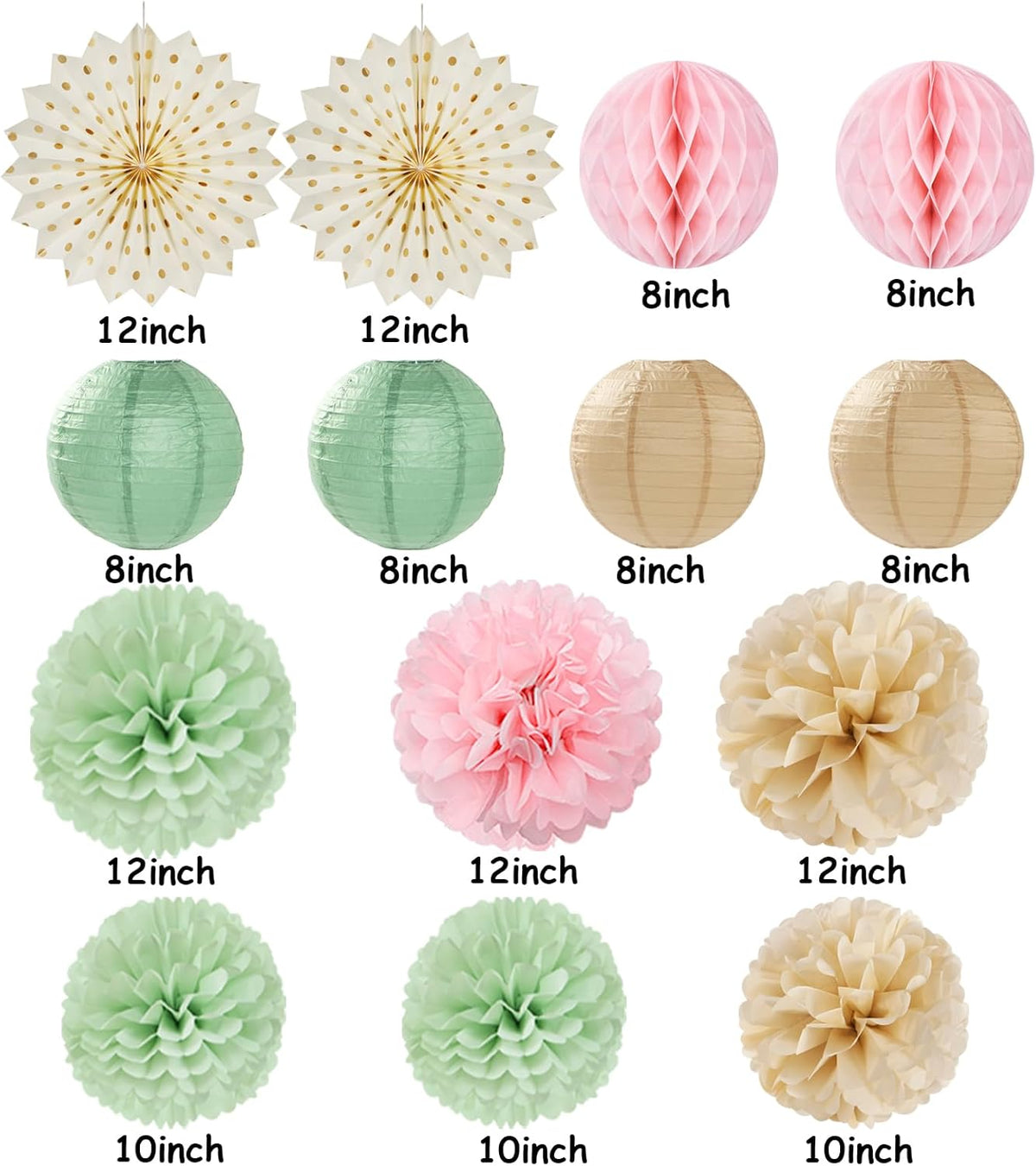 Sage-Green Pink-Champagne Party-Decorations Streamers Lanterns - 14pcs Neutral Baby Shower Paper Fan,Tissue Pom Poms,Honeycomb Balls,Boho Wedding Engagement Bachelorette Birthday Bridal Decor Ouruola