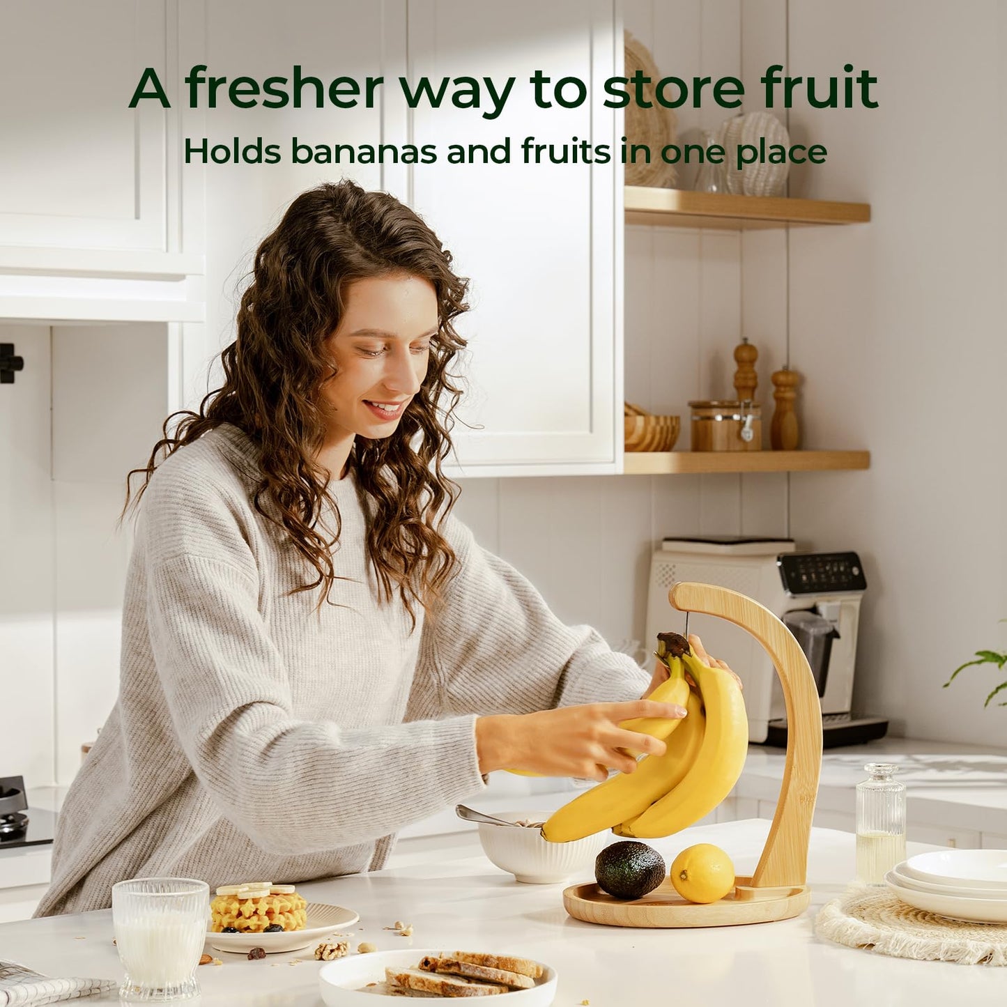 keechee Premium Bamboo Banana Holder with Fruit Tray, Extra Tall 12.9" Banana Hanger Stand for Kitchen Countertop, Sturdy Banana Hook Keeps Fruit Fresh & Bruise-Free, Easy Assembly