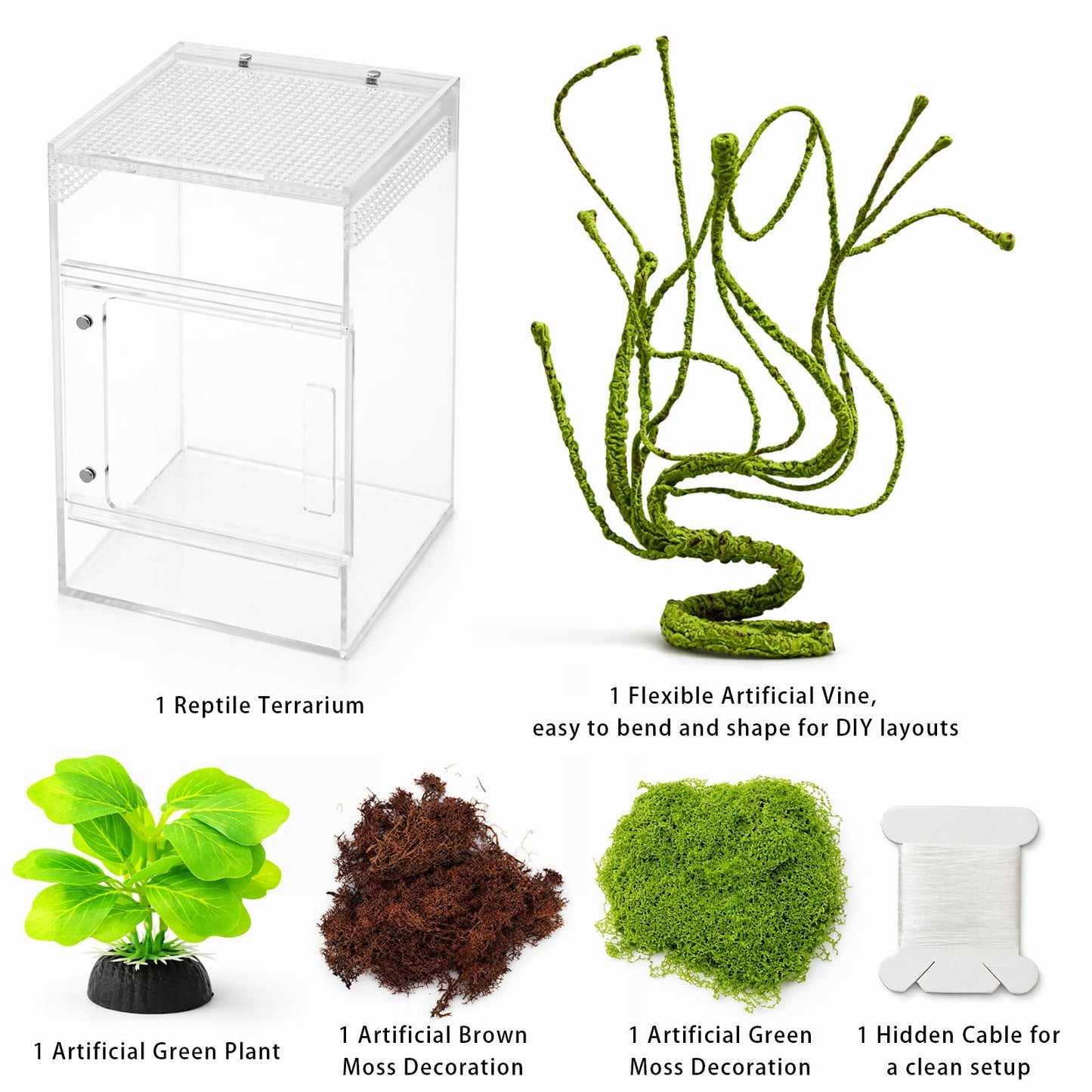 Jumping Spider Enclosure Kit, Waterproof Clear Acrylic Spider Terrarium, Front Opening + Top Access, Ventilated Insect Habitat with Moss Vine, Green Plant, 2 Moss Packs & Invisible Line (6-Piece Set)