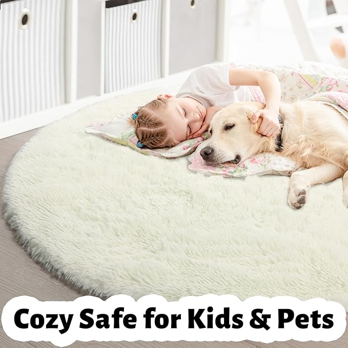 Amdrebio Ivory White Round Rug 4Ft for Kids Bedroom Aesthetic, Fluffy Fuzzy Furry Circle Area Rugs for Living Room Decor, Circular Plush Soft Shaggy Cream Carpet for Baby Nursery Dorm Teen Girls Boys