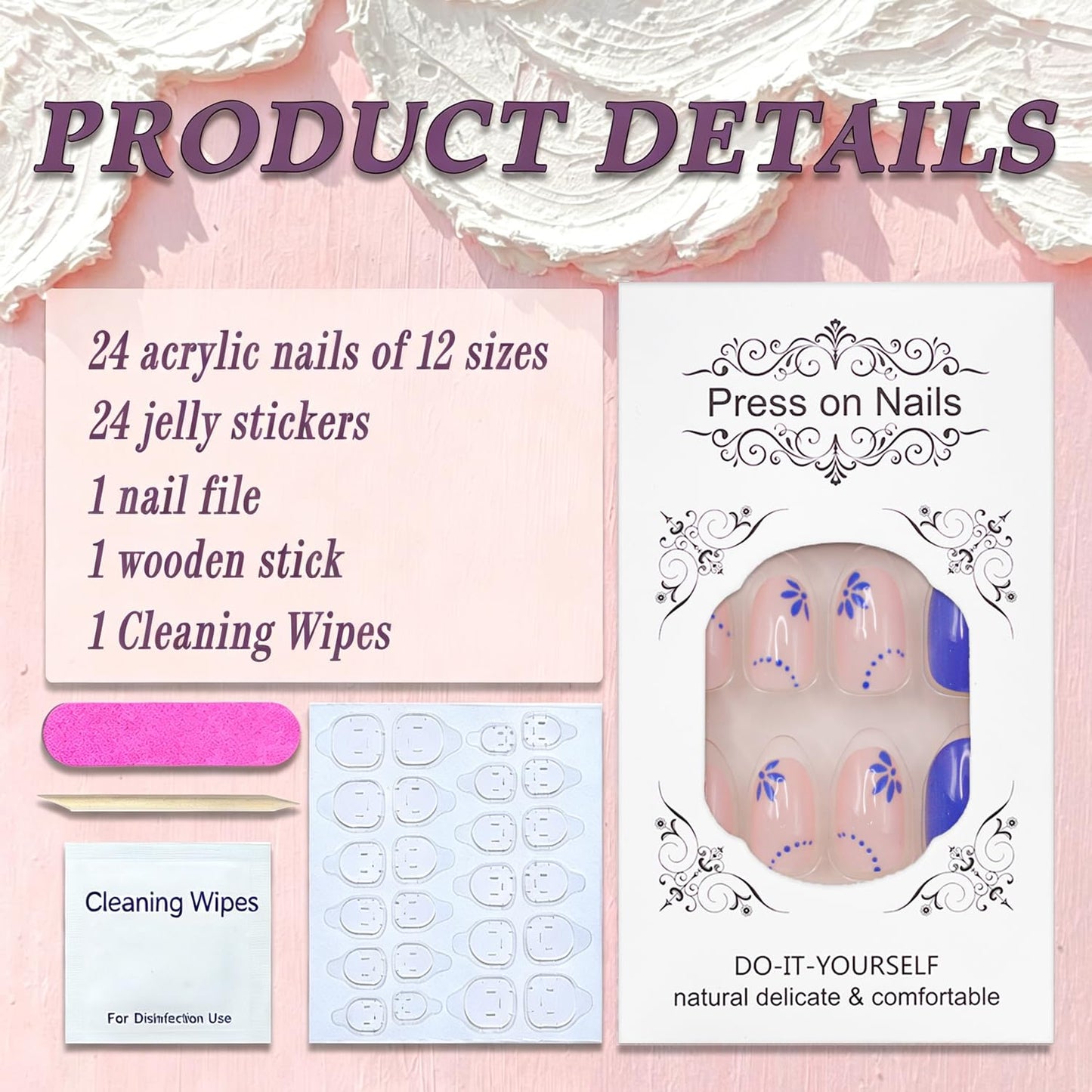 Short Almond Press on Nails SWEKKE Cobalt Blue Fake Nails False Nails with Designs Flower Full Cover Glossy Glossy Glue on Nails Stick on Nails Acrylic Nails for Women Girls 24 Pcs