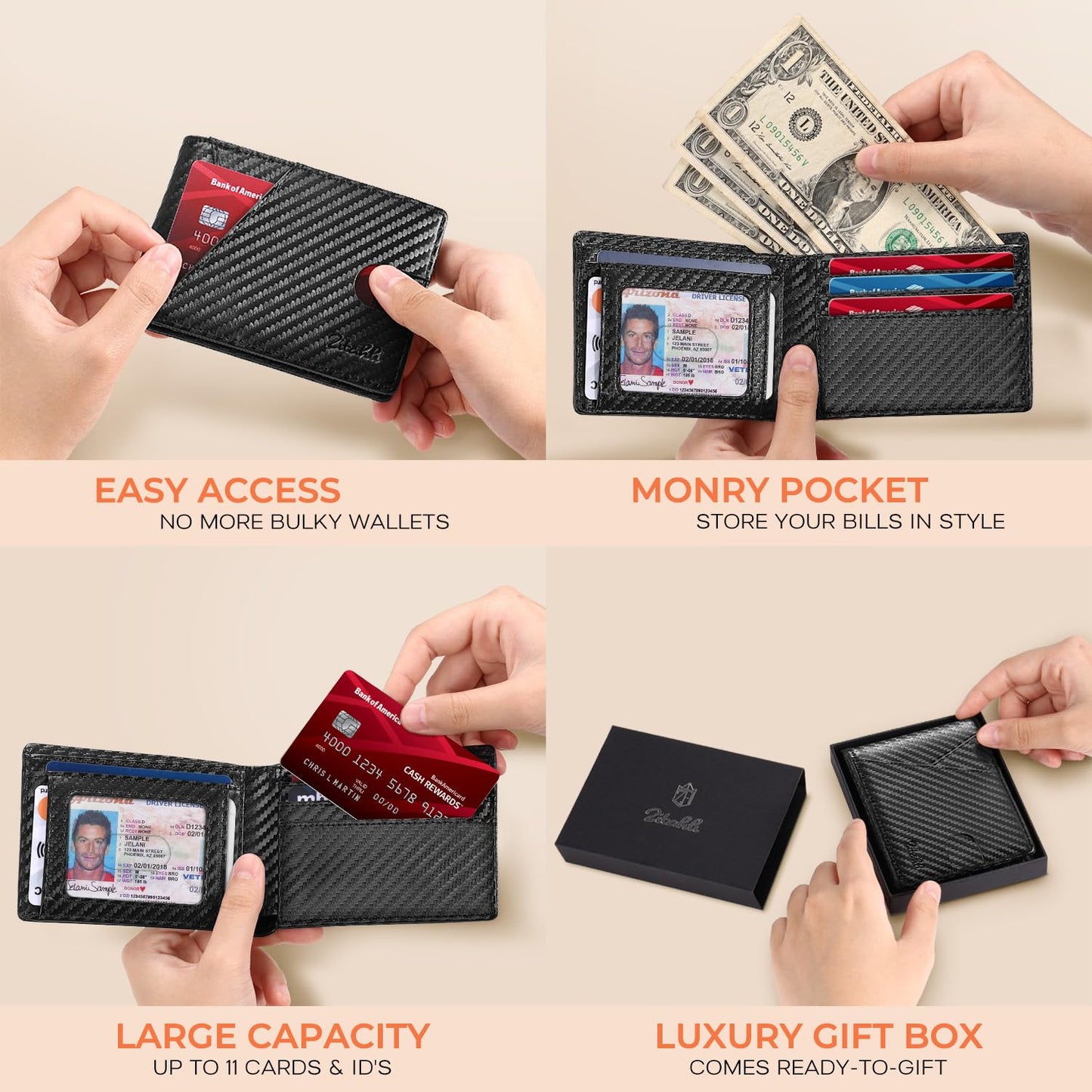 Zitahli Bifold Wallets for Men - Slim RFID Leather Credit Card Holder for 6-11 Cards, Minimalist Thin Wallet with ID Window & Cash Slot,Front Pockt Carteras Para Hombres, Birthday Gifts for Men