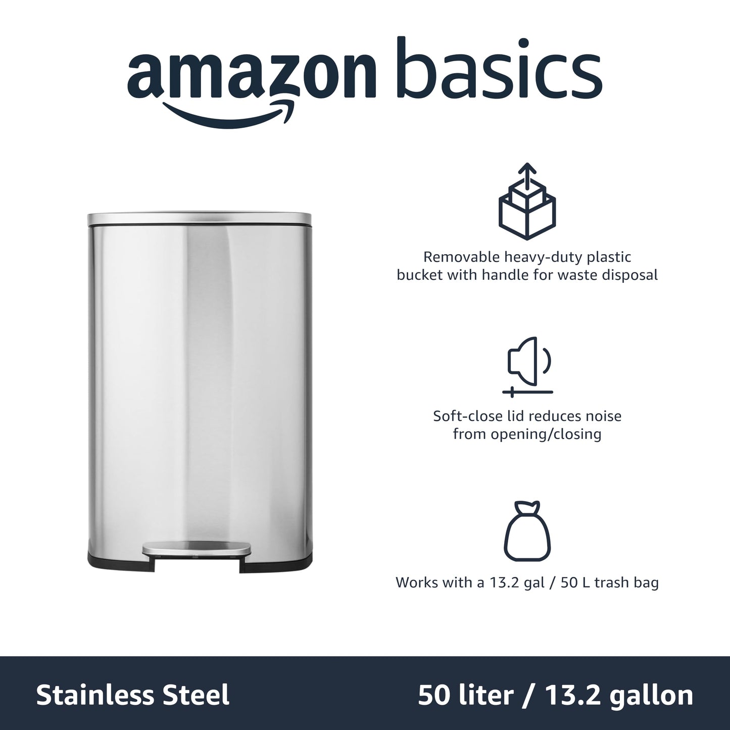Amazon Basics Smudge Resistant Rectangular Trash Can with Soft-Close Lid, Foot Pedal, Removable Inner Bucket, 50 Liter/13.2 Gallon, Brushed Stainless Steel, Satin Nickel Finish
