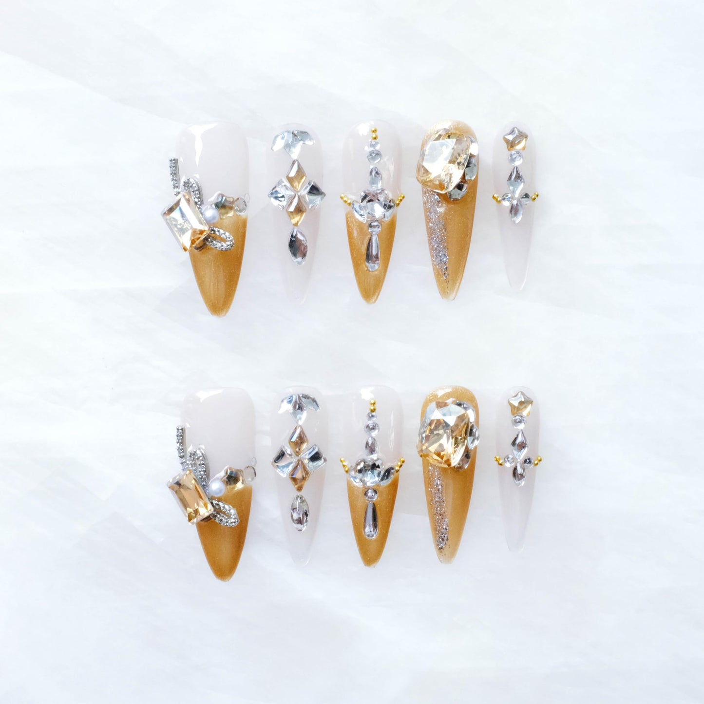 GLORS Luxury Long Stiletto Press-On Nails, Yellow Glitter with 3D Rhinestones and Heart Gems, Handmade False Nail 10 Pieces (Small, LS)