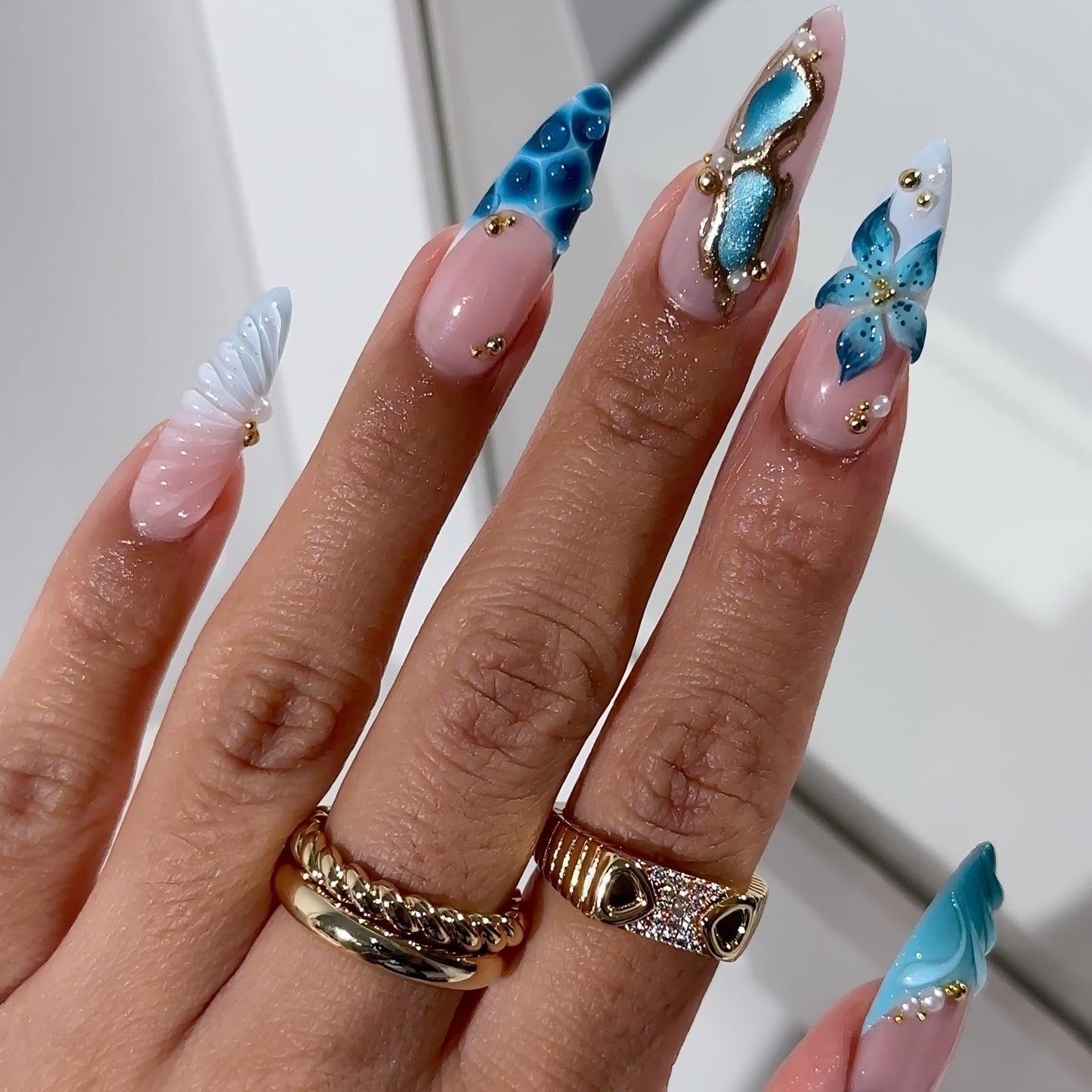 Handmade Almond Press on Nails Long Tip False Nails Summer French Tip Nails Press Ons with 3D Flowers Design Reusable Fake Nails Luxury Full Cover Stick on Nail for Women Manicure 10Pcs (Size M)