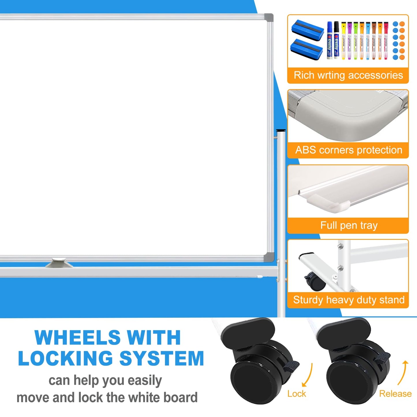 BSTPCOO Double-Sided Dry Erase Board with Stand 36"x24", Magnetic Mobile White Board Rolling Whiteboard on Wheels Drawing whiteboard with Stand for Kids & Adults, 2 Eraser, 10 Markers, 12 Magnets