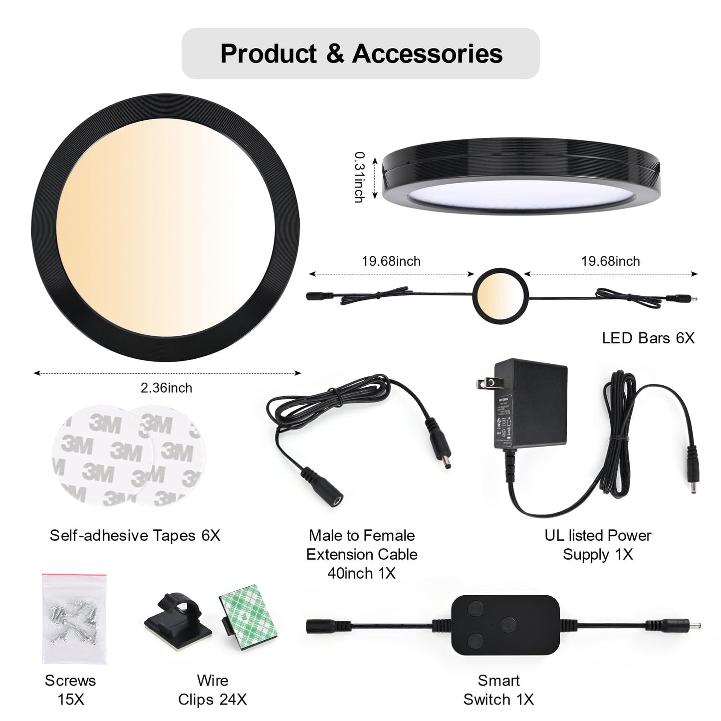 BLESSINGLUX 6pack LED Puck Light Kit, 2700-6000K Smart Round Under Cabinet Lighting with APP Control, Compatible with Alexa, Google Assistant, for Under Counter, Kitchen (Black)