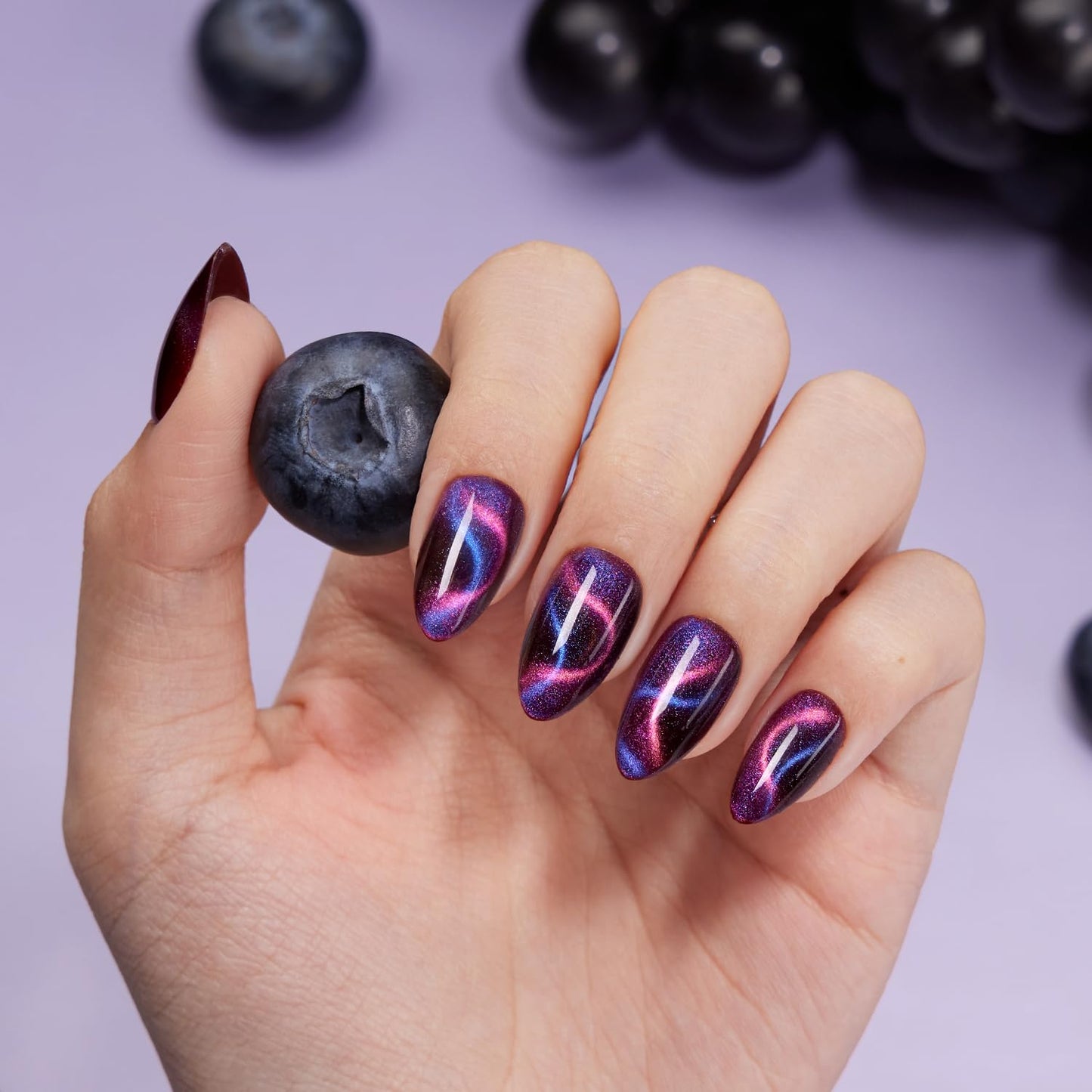 VSALON Press on Nails Short Almond - Cat Eye Dark Purple Shimmer Nails Kit for Women, Blue Pink Ribbon Shining Reusable Opaque Salon Quality Glue on Nails - 32 PCS 16 Sizes