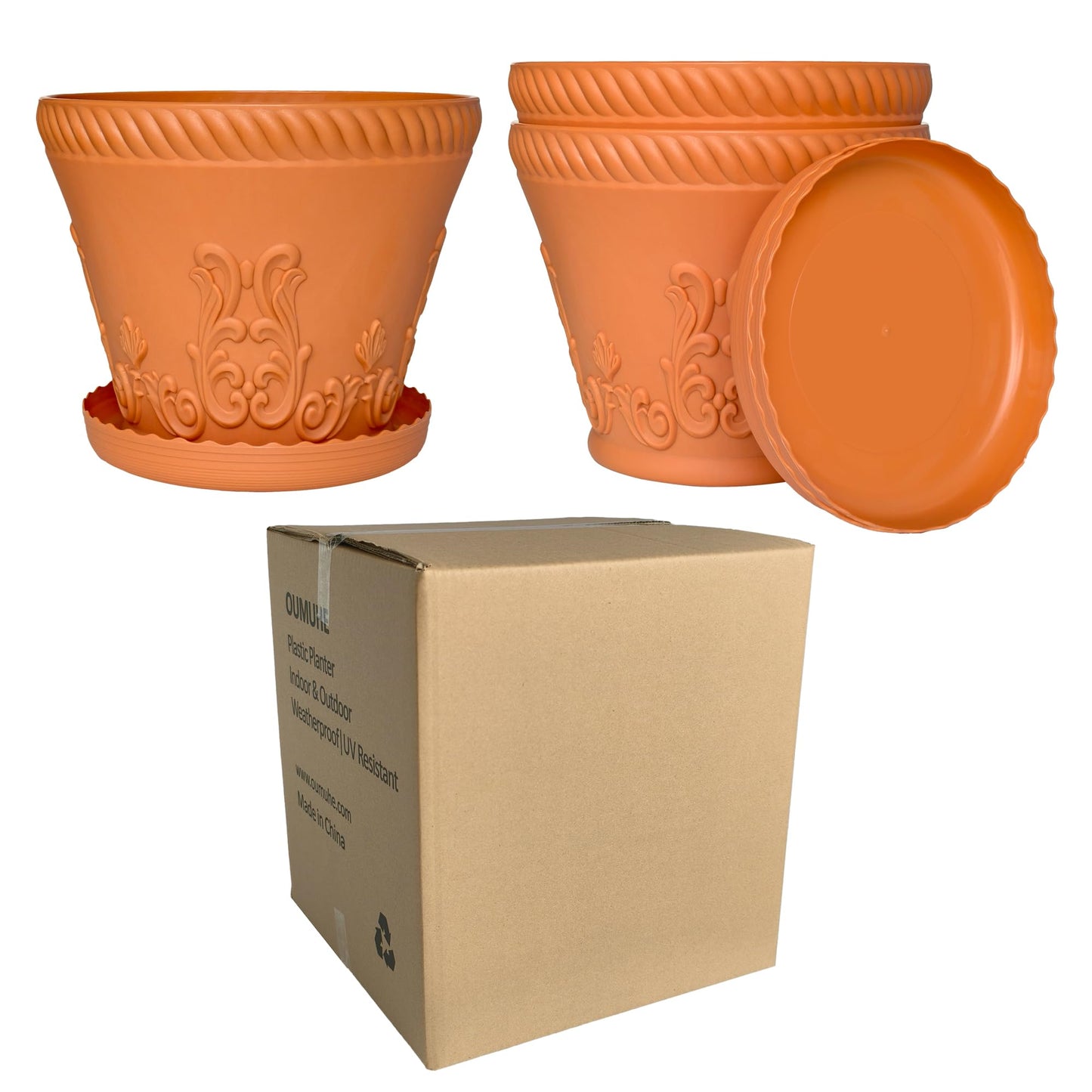 OUMUHE 11.4 Inch Plastic Planters with Drainage and Saucers, Set of 3, Decorative Flower Pots for Indoor Outdoor Use, Available in Terracotta & White (Terracotta)