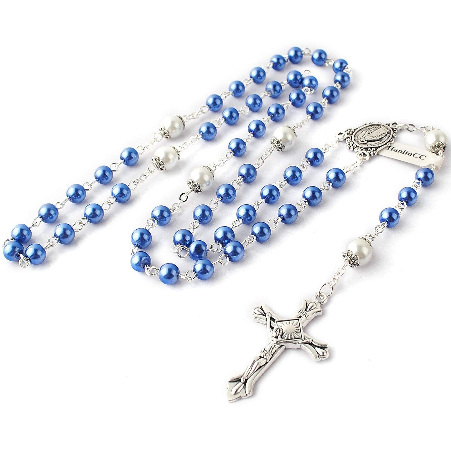 HanlinCC 6mm Glass Pearl Beads with 8mm Our Father Beads with Caps Rosary Necklace Pack in Miraculous Metal Gift Box (Blue Rosary with Miraculous Gift Box)