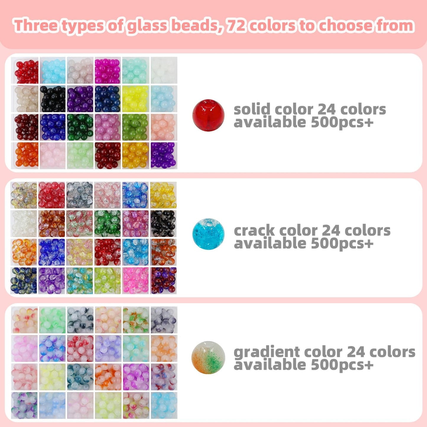 【3 Pack】 8mm Glass Beads for Jewelry Making，1800+pcs 72 Colors Round Crystal Glass Beads DIY Bracelet Making Kit with Accessories，Solid、Crackle and Gradient Colors 3 Box