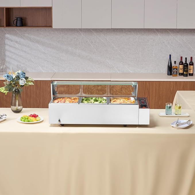 VEVOR 3-Pan Commercial Food Warmer, 3 x 8QT Electric Steam Table with Glass Cover, 1500W Countertop Stainless Steel Buffet Bain Marie 86-185°F Temp Control for Catering, Restaurants, Silver
