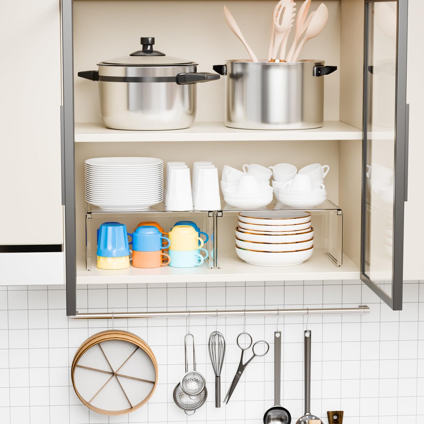 Yieach 2 Pack Acrylic Cabinet Organizer,2 Tier Stackable Shelves for Cabinets,RV Pantry Organization,Counter Space Saver Desk Organizers,Cupboard Shelf and Cabinet Stand & Risers for Mug,Cup,Dish