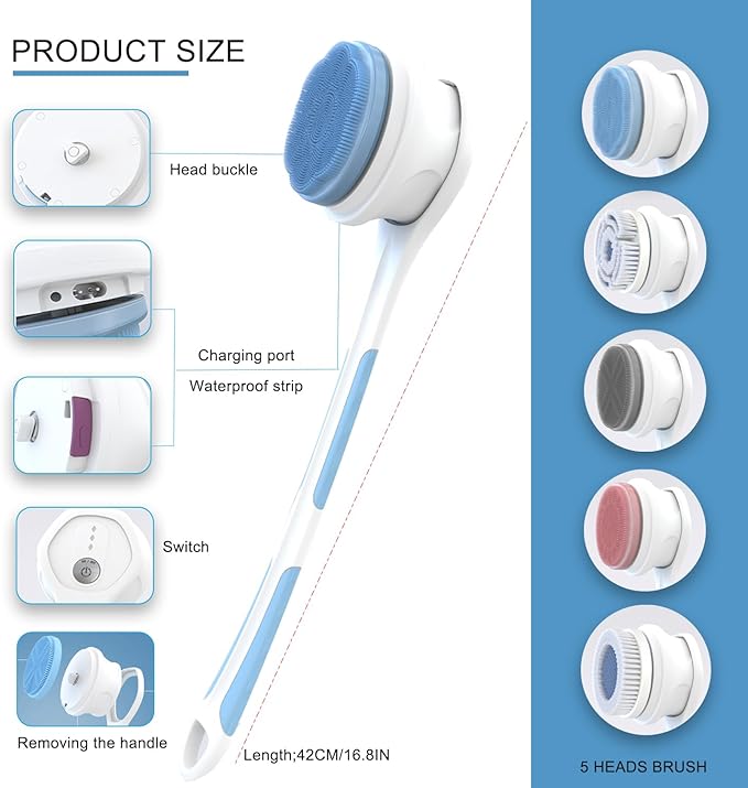 Electric Body Brush,5 Attachments Brush Heads Electric SPA Brush Spin Scrubber for Shower Bathing Cleansing Wash Deep Cleaning with Silicone Rechargeable IPX7 Waterproof
