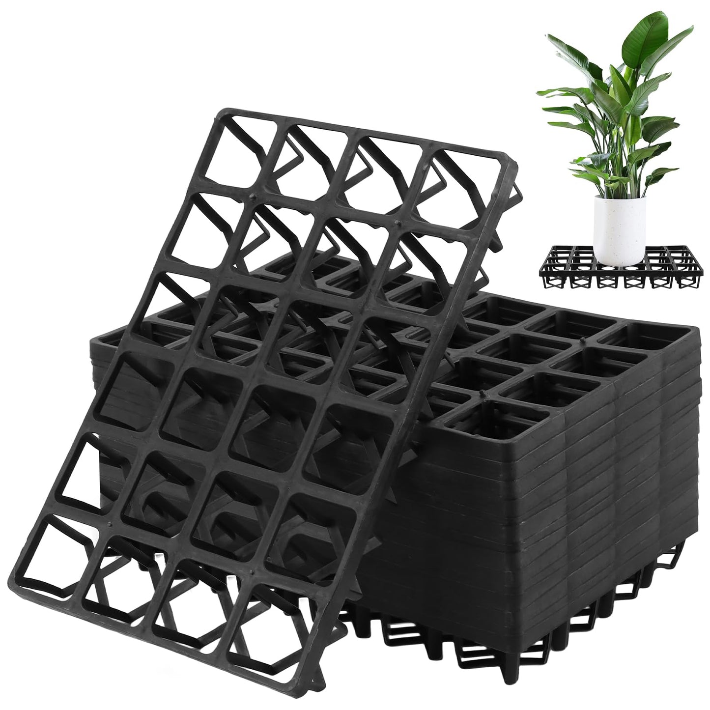 SINJEUN 12 Pack Square Nursery Pot Tray with 24 Holes, Black Plastic Nursery Trays for Carrying Small Plant Pots