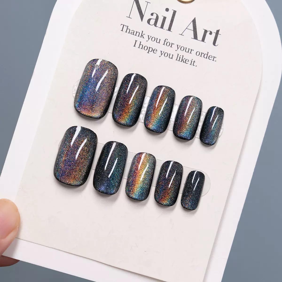 Black Cat Eye Holographic Press On Nails, Rainbow Glitter Magnetic Effect Fake Nails, Glossy Square Galaxy False Nails for Women, Reusable Full Cover Nail Tips – 24PCS