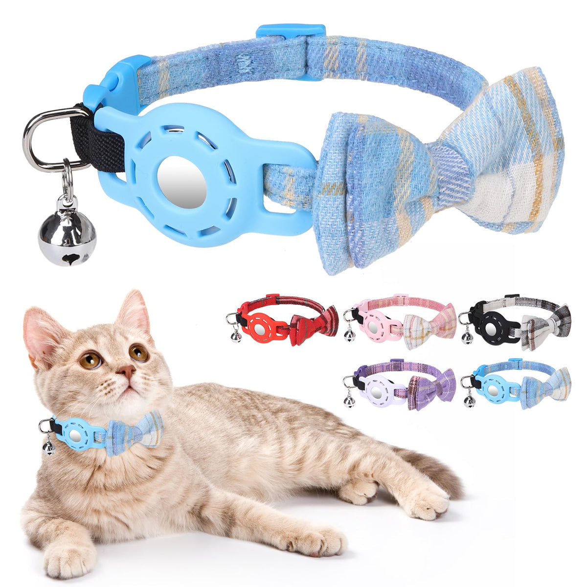 DILLYBUD Airtag Cat Collar Breakaway, Bow Tie Collar with Airtag Holder