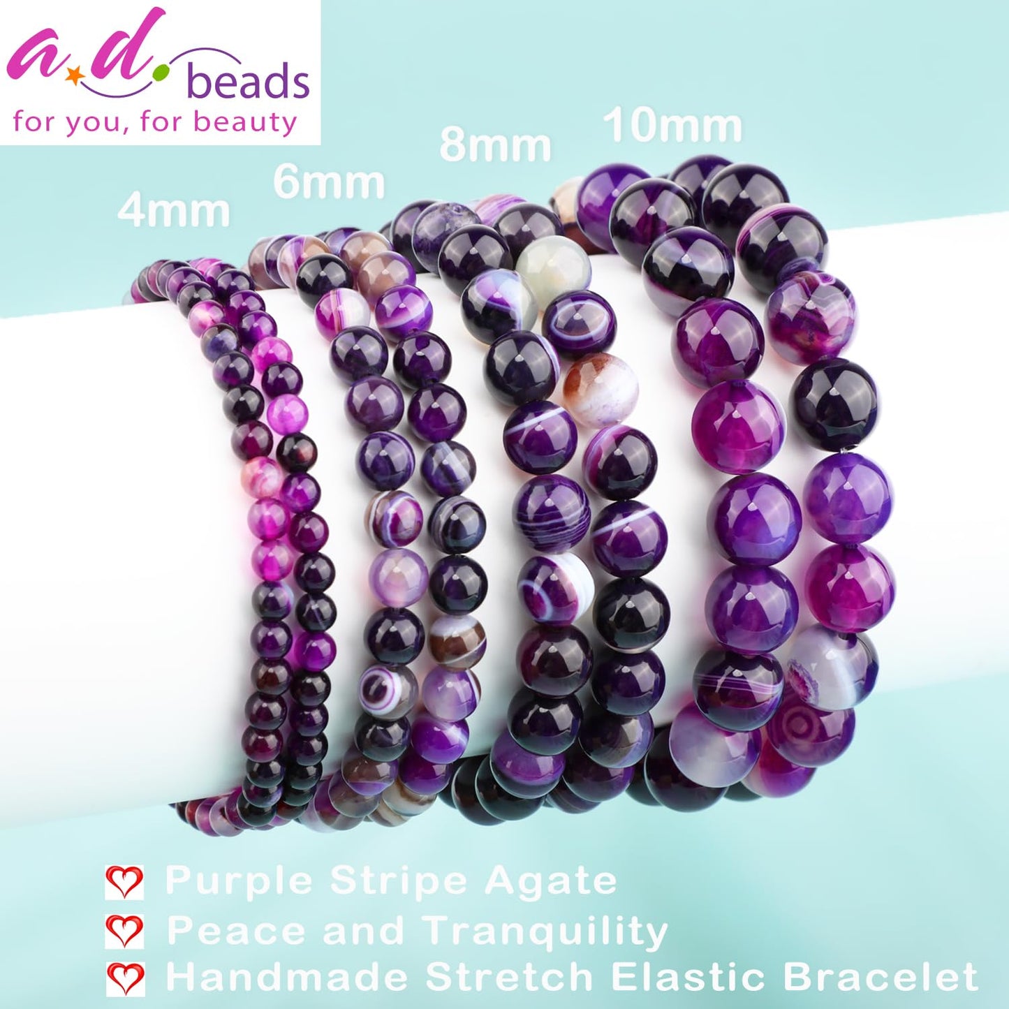 AD Beads 8mm Handmade Purple Stripe Agate Elastic Bracelet – Natural Gemstone for Peace and Tranquility – Meditation, Yoga, Healing and Energy Gift for Men Women