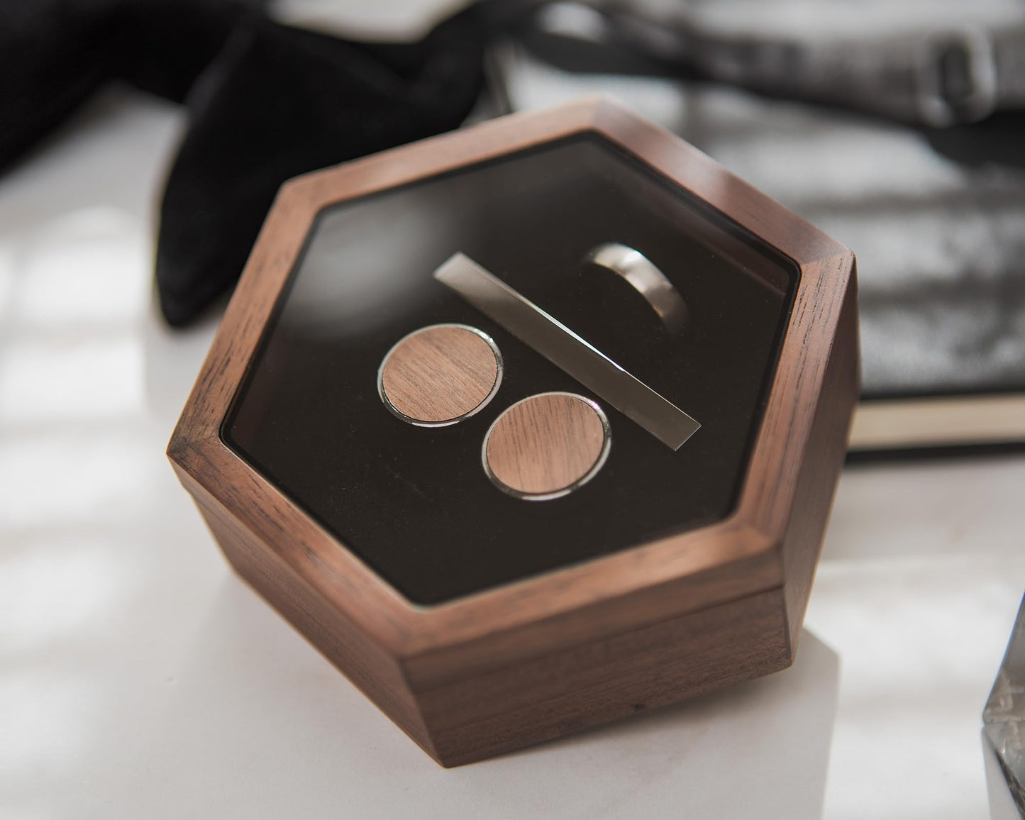 MUUJEE Wooden Hexagon Jewelry Box w/Magnetic Lid - 4.30 x 3.75 x 1.4 Rustic Classy for Jewelry Box Storage, Wedding Rings, Ceremony Ring Bearer