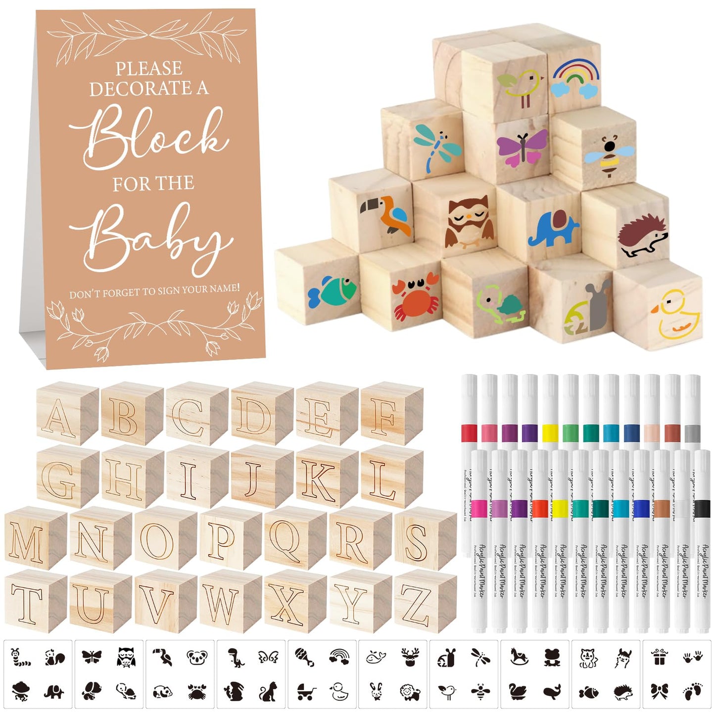 Aisharery 117 Pcs Baby Shower Blocks to Decorate Game Kit Includes 52 Wooden Blocks 24 Markers 1 Game Sign 40 Templates to Paint (Kraft)