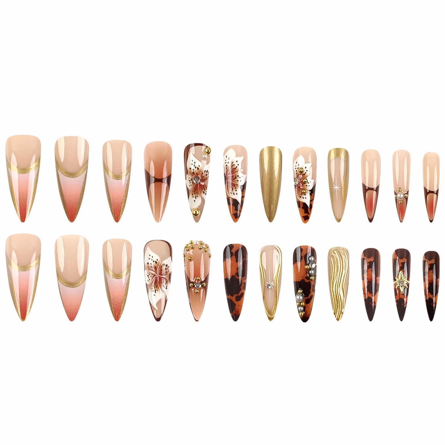 MERVF Long Stiletto Press on Nails Brown French Tip Fake Nails Almond Glue ons 3D Charms Flower, Leopard Design Acrylic Gold Manicure Glossy 24pcs
