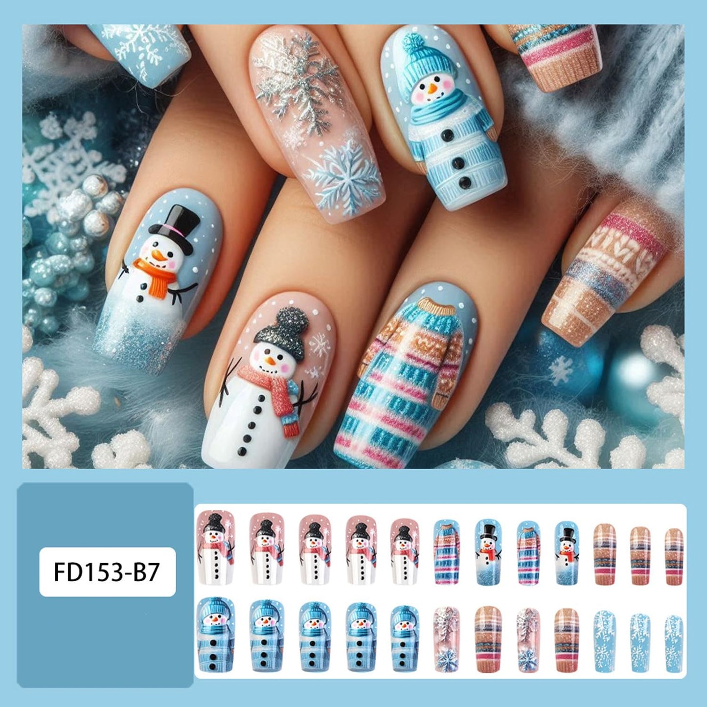CJDLTS Christmas Press on Nails Long Artificial Square Acrylic False Nails 3D Relief Snowflake Snowman with Plaid Stripe Stick on Nail Full Cover Artificial Fingernails for Women Festival Manicure