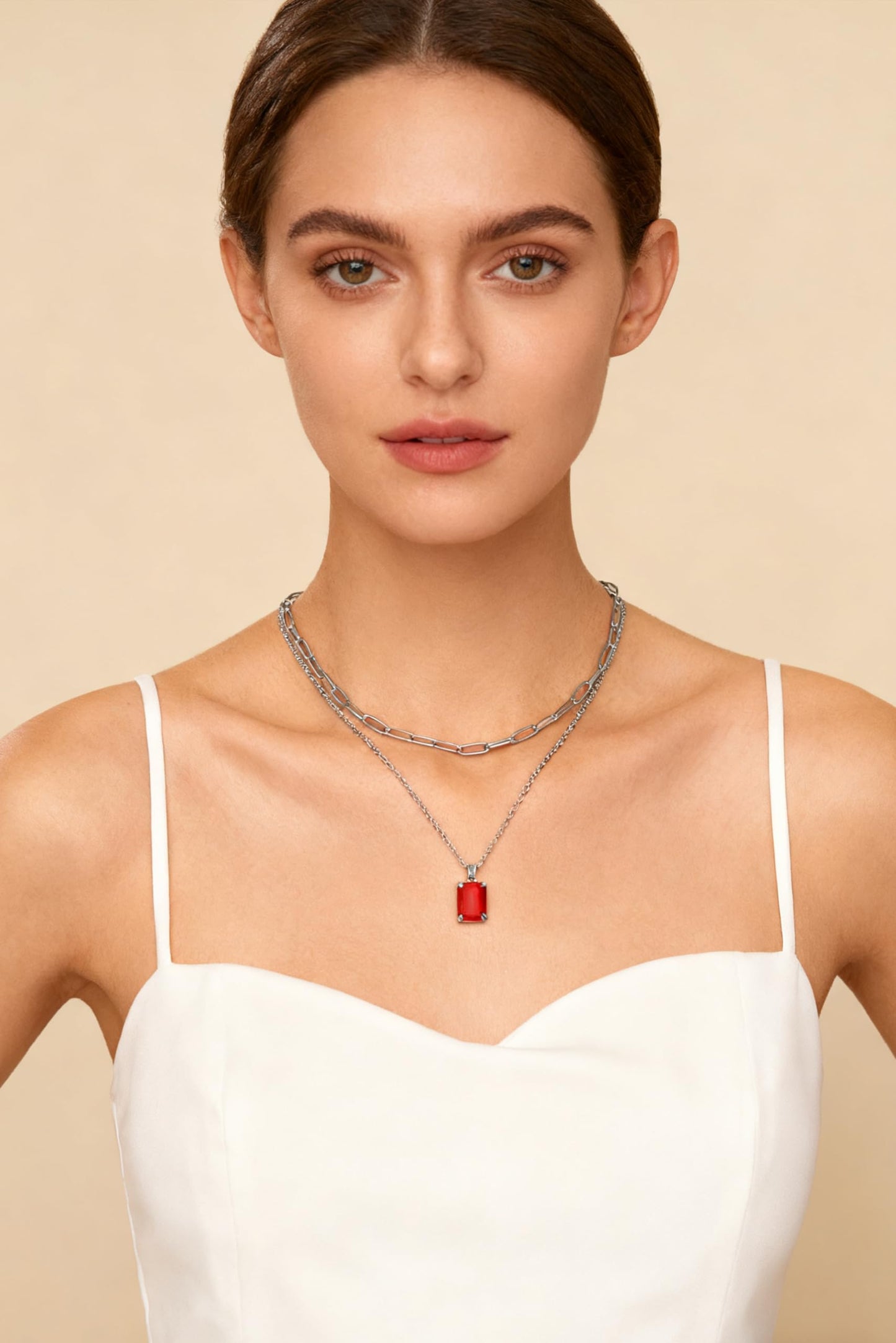 VANGETIMI Red and Silver Layered Pendant Necklaces for Women Silver Plated Crystal Choker Necklace Paperclip Rhinestone Necklace Party Prom Jewelry