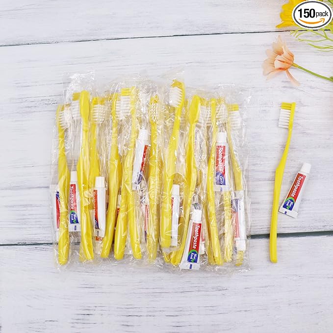 Disposable Toothbrush with Toothpaste Set Pack of 150,Yellow Hollow Individually Wrapped Manual Travel Toothbrush Kit in Bulk Toiletries for Adults,Kids,Hotel,Homeless,Nursing Home,Charity