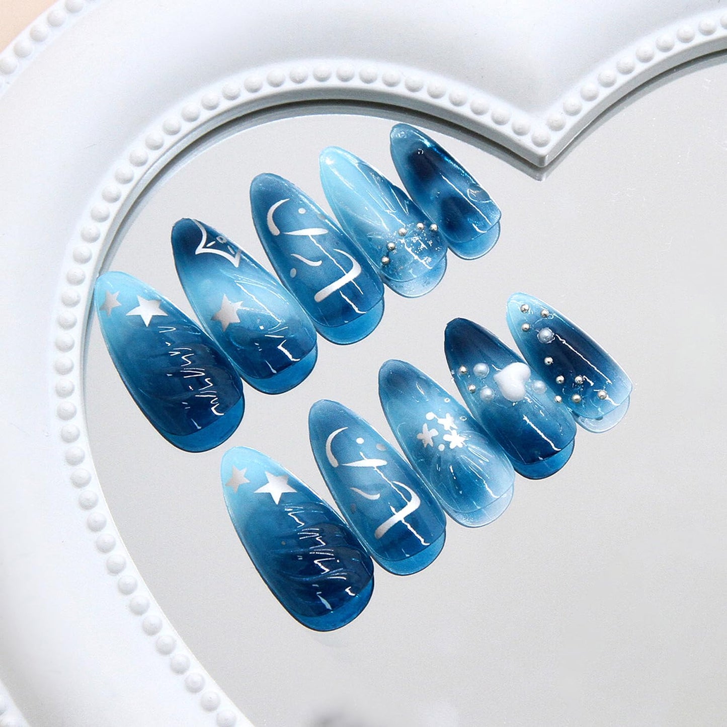 24Pcs Blue Press on Nails Medium Almond Glossy Fake Nails with 3D Wave Heart Pearl Star Sparkle Pattern Cute False Nail French Nails Full Cover Artificial Glue on Nail Handmade Stick on Nail for Women