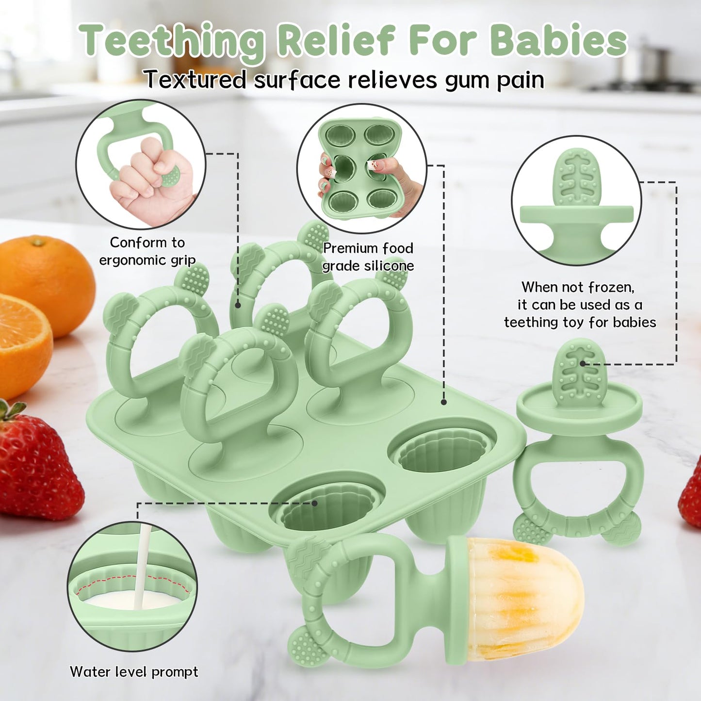 Silicone Baby Popsicle Molds with Sticks, Mini Popsicles Molds for Babies Breastmilk Popsicle Molds for Teething Relief, Frozen Treats Maker Popsicle Maker Ice Pop Mold for Toddlers Kids(Green)