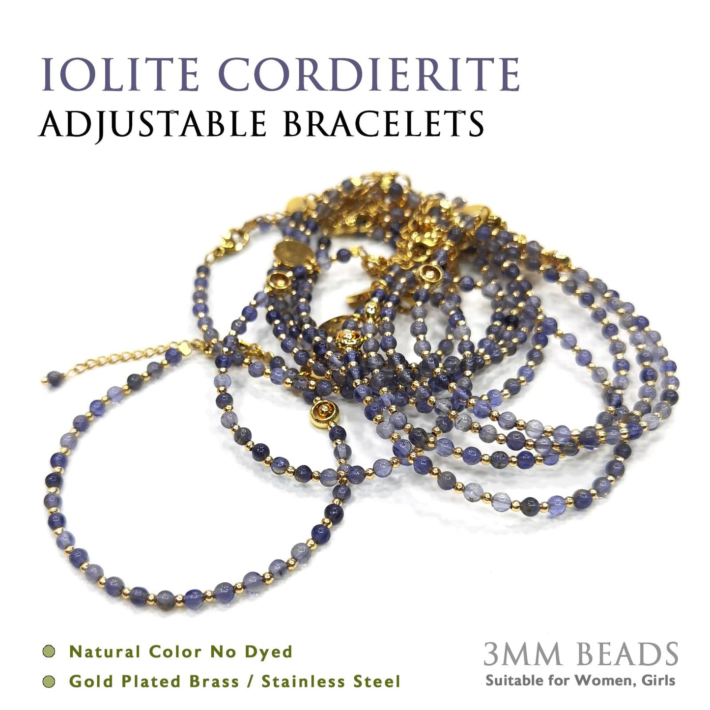 Morchic 3mm Blue Iolite Cordierite Natural Gemstone Beaded Bracelet for Women, Dainty Charm Jewelry, Adjustable 7.1-8.6", Ideal Birthday Holiday Gift