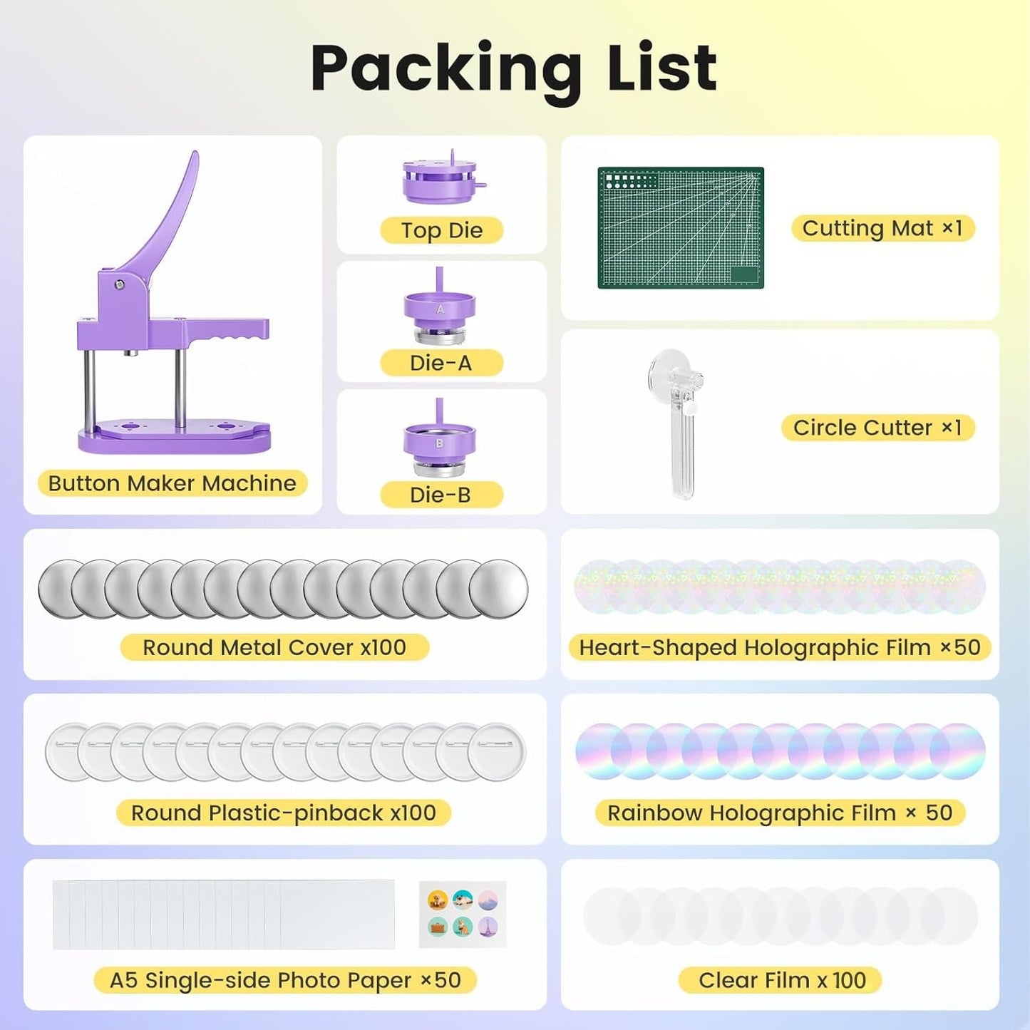 Button Maker Machine 2.25'' Button Press Machine Pin Badge Maker Machine with 100 Set Holographic Film, Button Pinback Making Supplies, Removable Dies, 1 Circle Cutter, 1 Cutting Mat, 50 Photo Paper