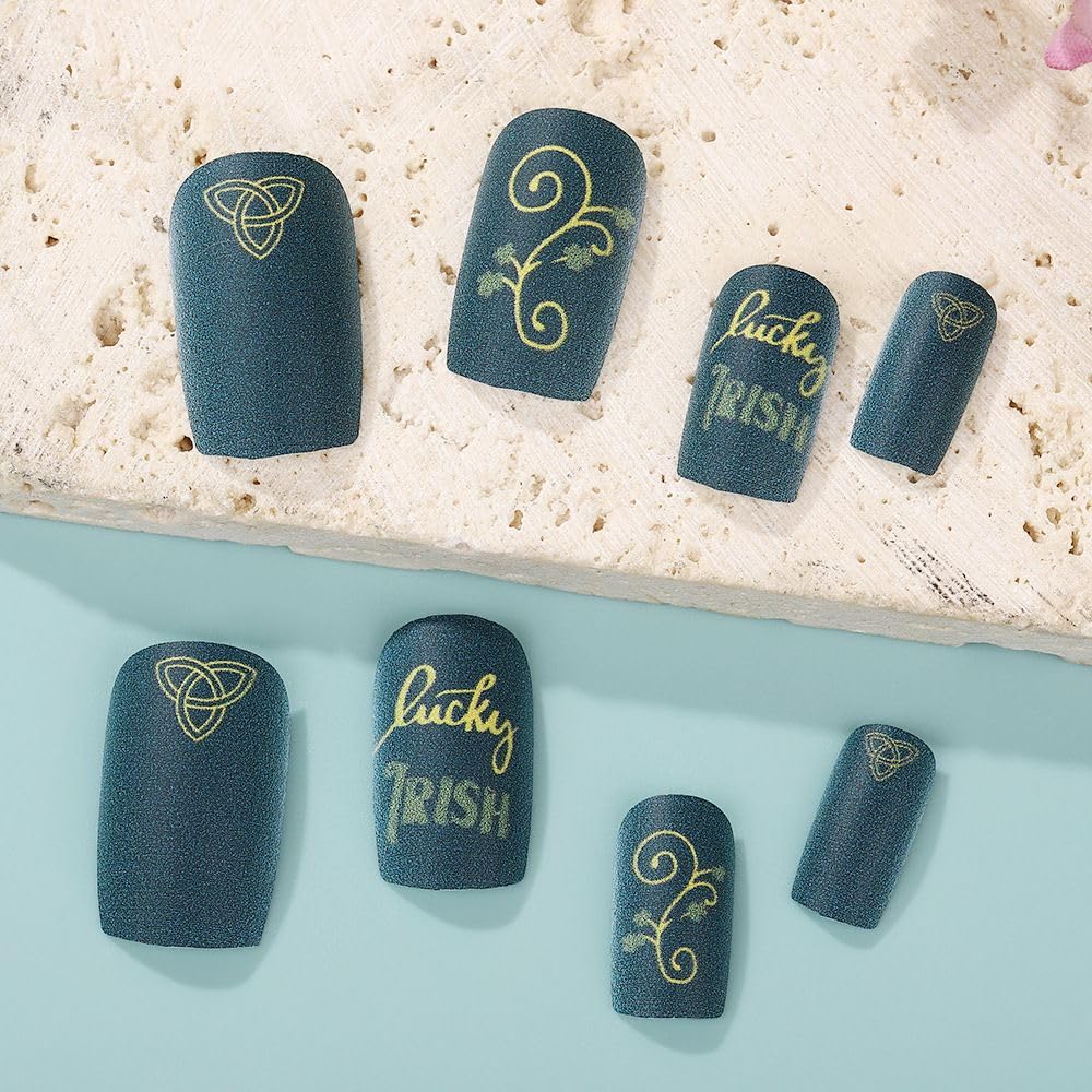 QQPPOLIU Green Press on Nails Square Medium Fake Nails with Design False Nails for Holiday 24Pcs
