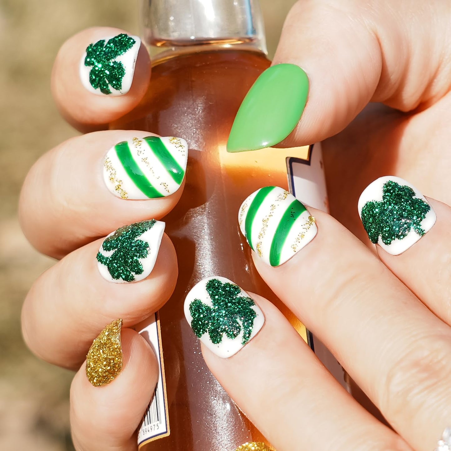 Tesytto Green & Gold Glitter Extra Short Squoval Press On Nails, Handmade Clover and Stripe Design, Reusable Full Cover Acrylic Nails (Size L)