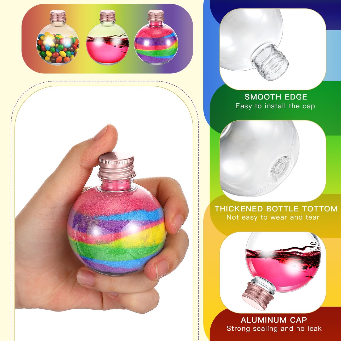 Layhit 24 Pcs Spherical Plastic Potion Bottles Ball Shape Round Bottles 3.4 oz Sand Art Jar with 5 Funnels Decorative ‌container Candy Jar for Valentines Birthday DIY Crafts(Rose Gold,Aluminum Lid)