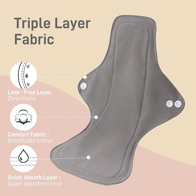 Langsprit Cotton Reusable Period Pads for Women, Washable Pads Menstrual, Regular Absorbency Cotton Cloth Menstrual Pads 3pcs Set with Mini Wet Bag, Suitable for Menstrual Period